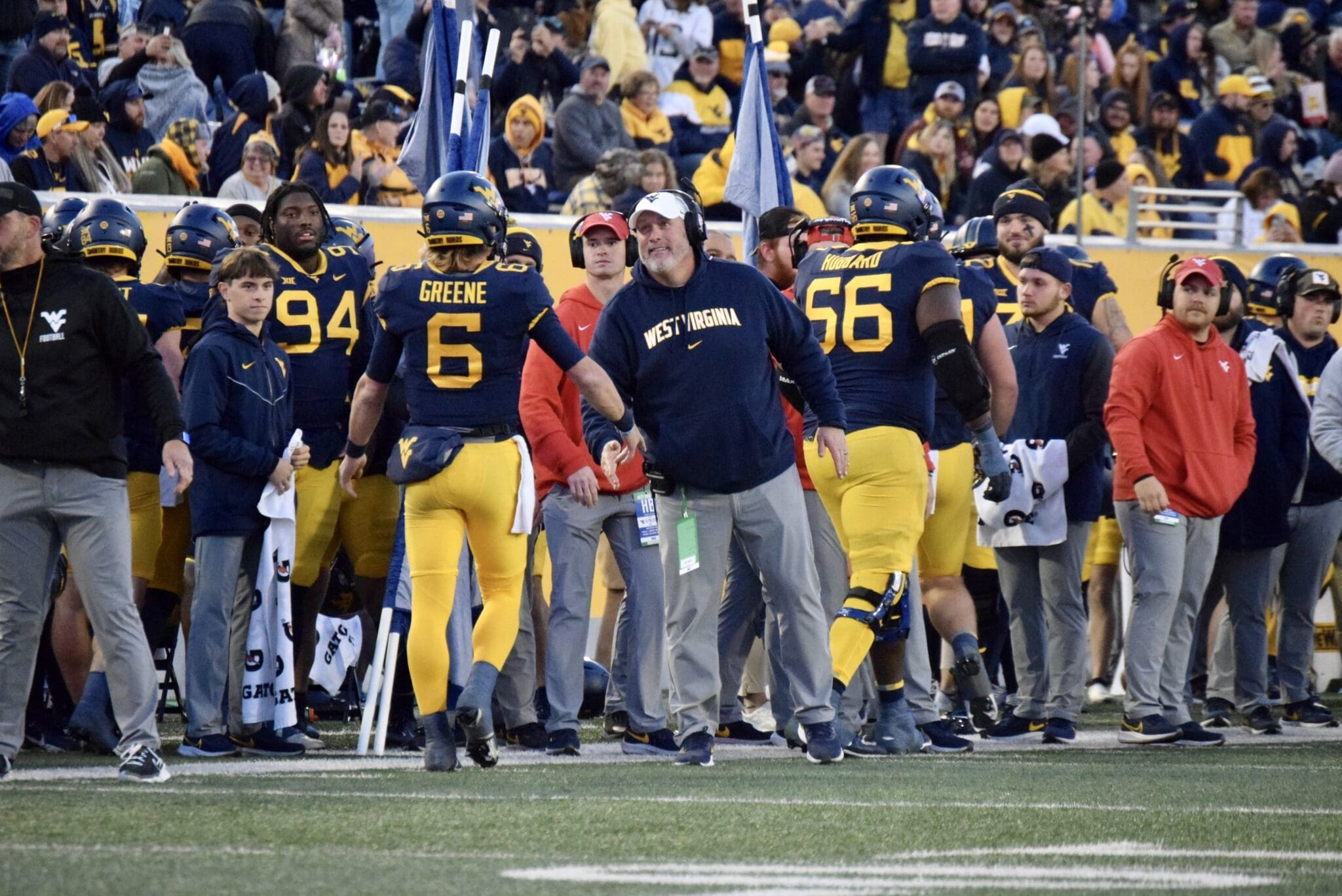 WVU Football Garrett Greene and Offensive Lineman Coach Matt Moore