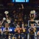 WVU Basketball Mountaineer Mascot and cheerleaders STOCK