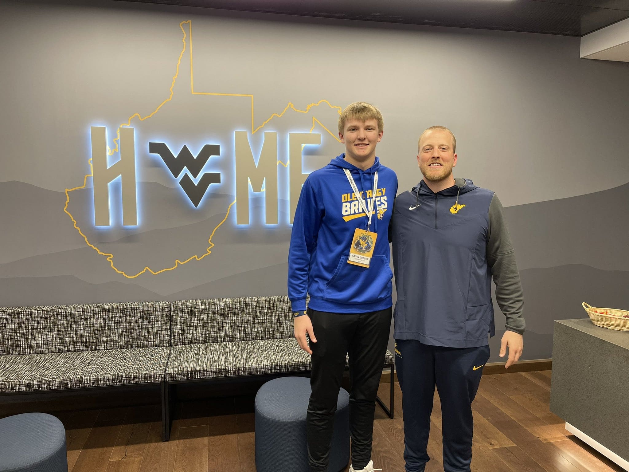 WVU football TE recruit Gavin Grover and tight ends coach Blaine Stewart