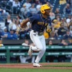 WVU Baseball SS Tevin Tucker after stealing home and then scoring at PNC Park.