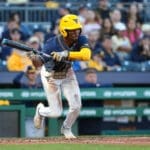WVU Baseball shortstop Tevin Tucker takes off out of the batters' box during the Backyard Brawl.