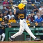 WVU Baseball left fielder Landon Wallace admires his swing.