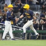 WVU Baseball Caleb McNeely runs bases after hitting a home run at PNC Park