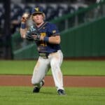 WVU baseball infielder Sam White makes a play.