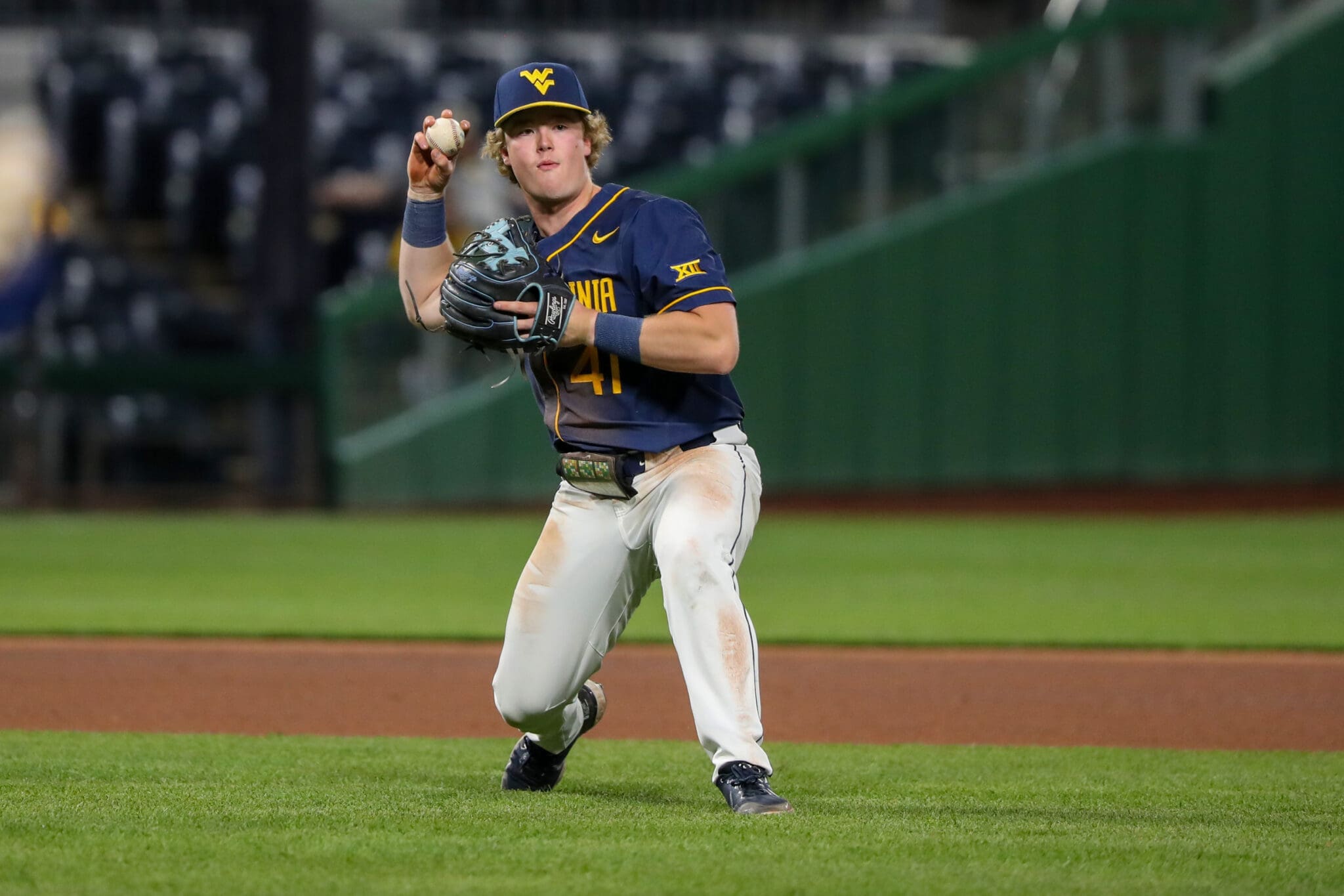 WVU baseball infielder Sam White makes a play.