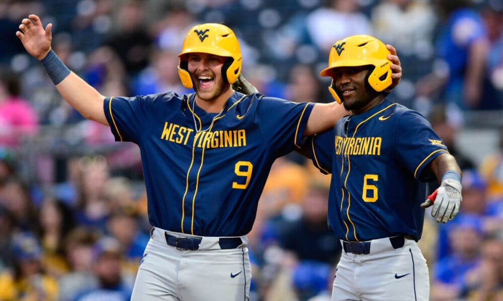 WVU Baseball players Grant Hussey celebrating with Skylar King
