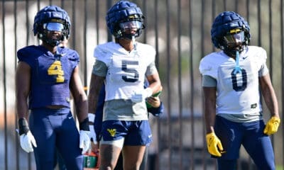 WVU Football players CJ Donaldson, Traylon Ray, Jaylen Anderson at spring practice