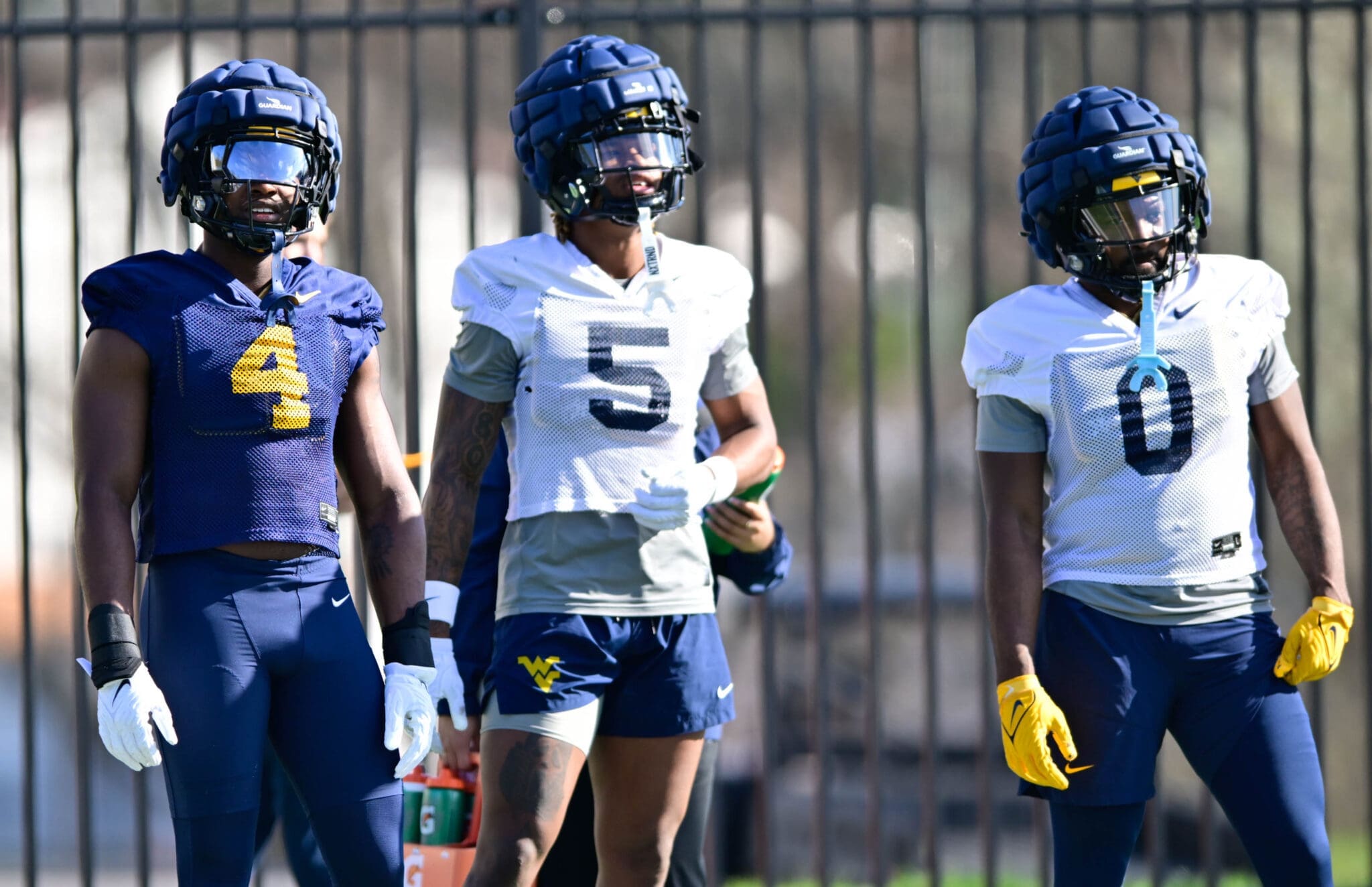 WVU Football players CJ Donaldson, Traylon Ray, Jaylen Anderson at spring practice