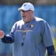 WVU Football OL Coach Matt Moore coaching WVU offensive line at spring practice