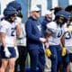 WVU Football TE Coach Blaine Stewart with players Rodney Gallagher and Jaylen Anderson
