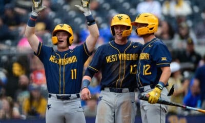 WVU Baseball celebrating Backyard Brawl win over Pitt at PNC Park