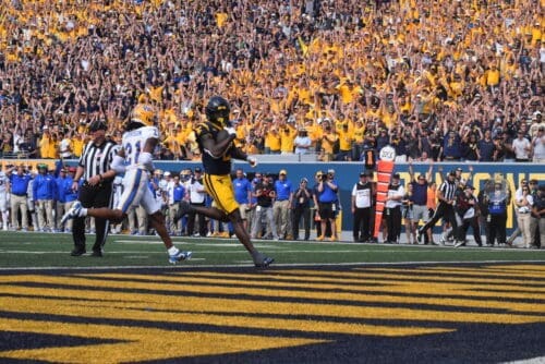 WVU Football RB Tye Edwards scores a touchdown against Pitt in Backyard Brawl