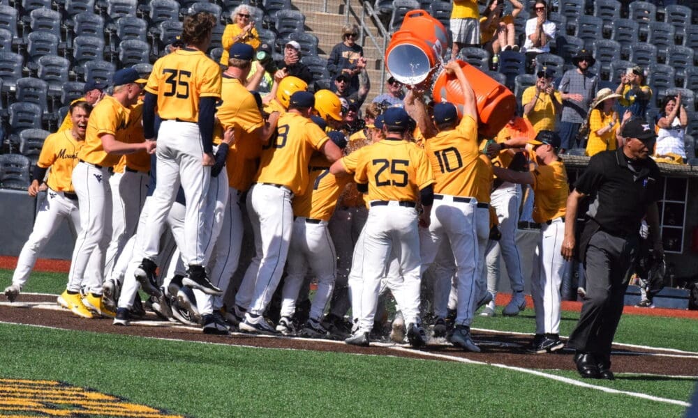 WVU Baseball celebrates after win