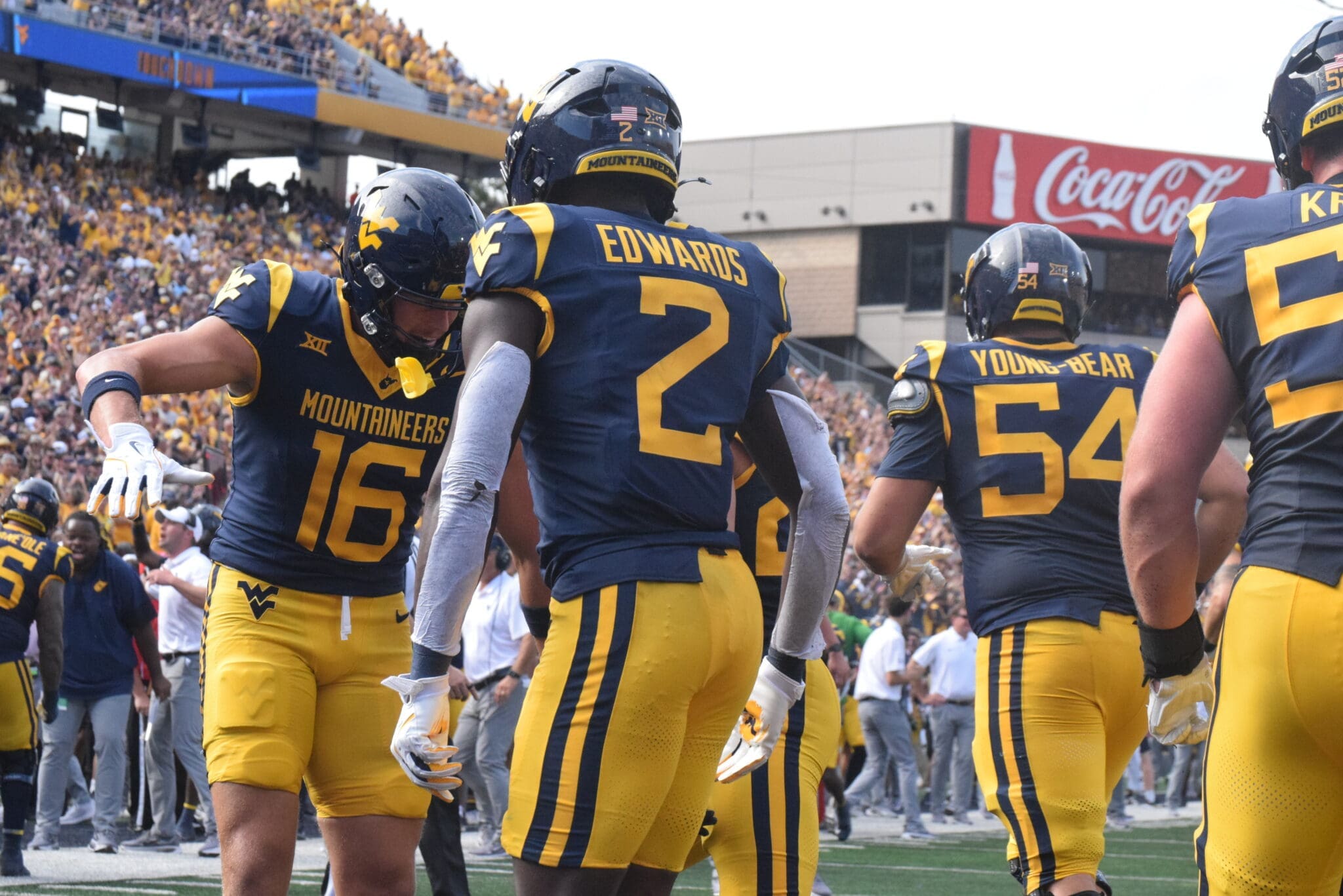 WVU Football RB Tye Edwards with Jeff Weimer after scoring touchdown against Pitt