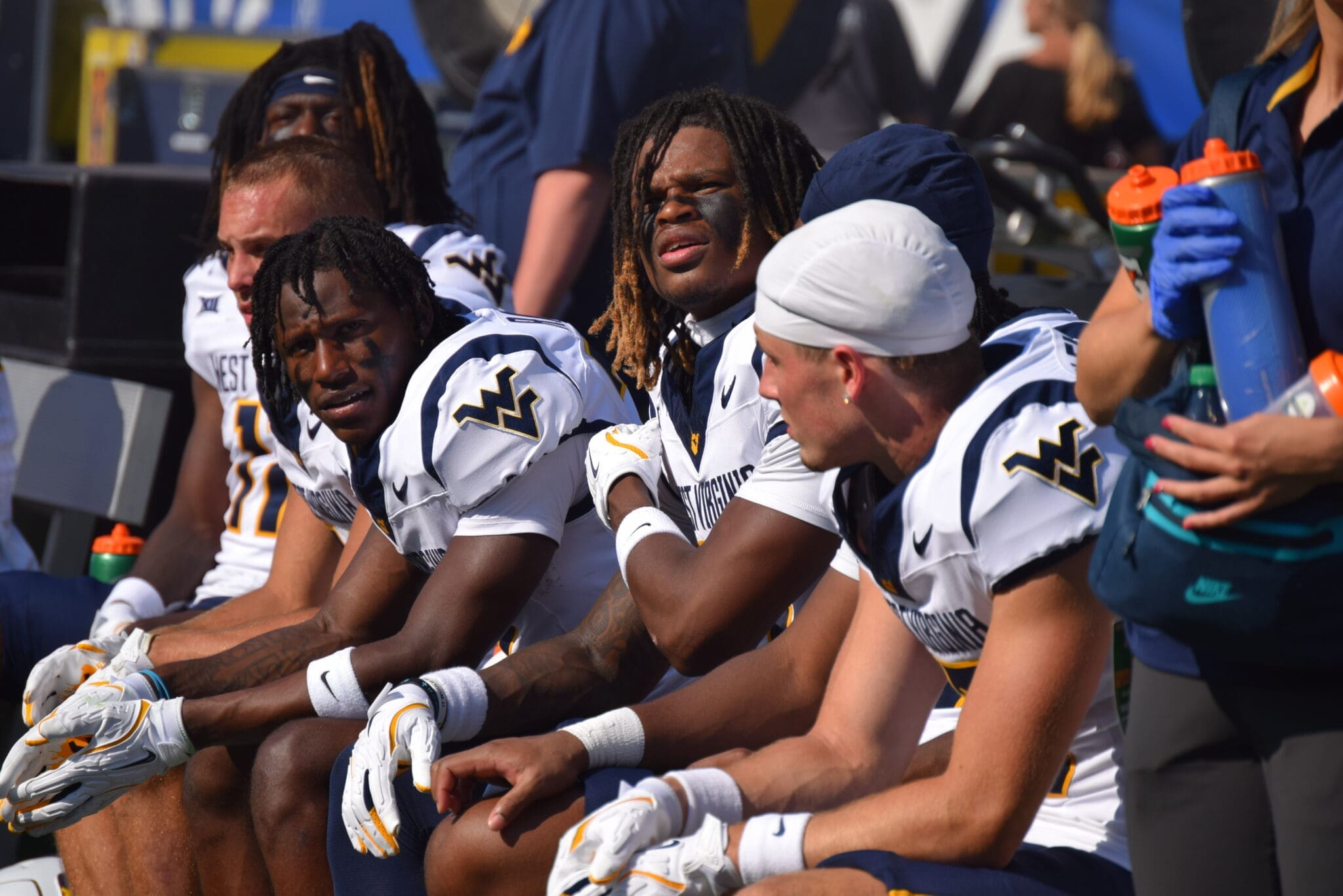 WVU Football WR Traylon Ray, Jaden Bray, Preston Fox on sideline