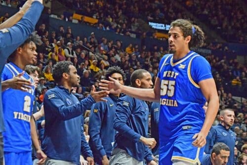 WVU Basketball Harlan Obioha and bench