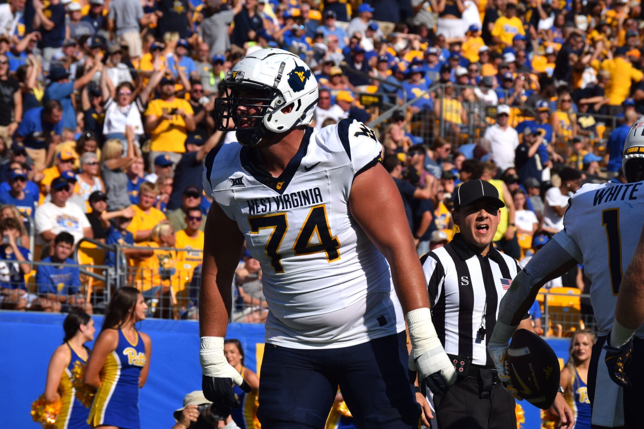 WVU Football OL Wyatt Milum against Pitt
