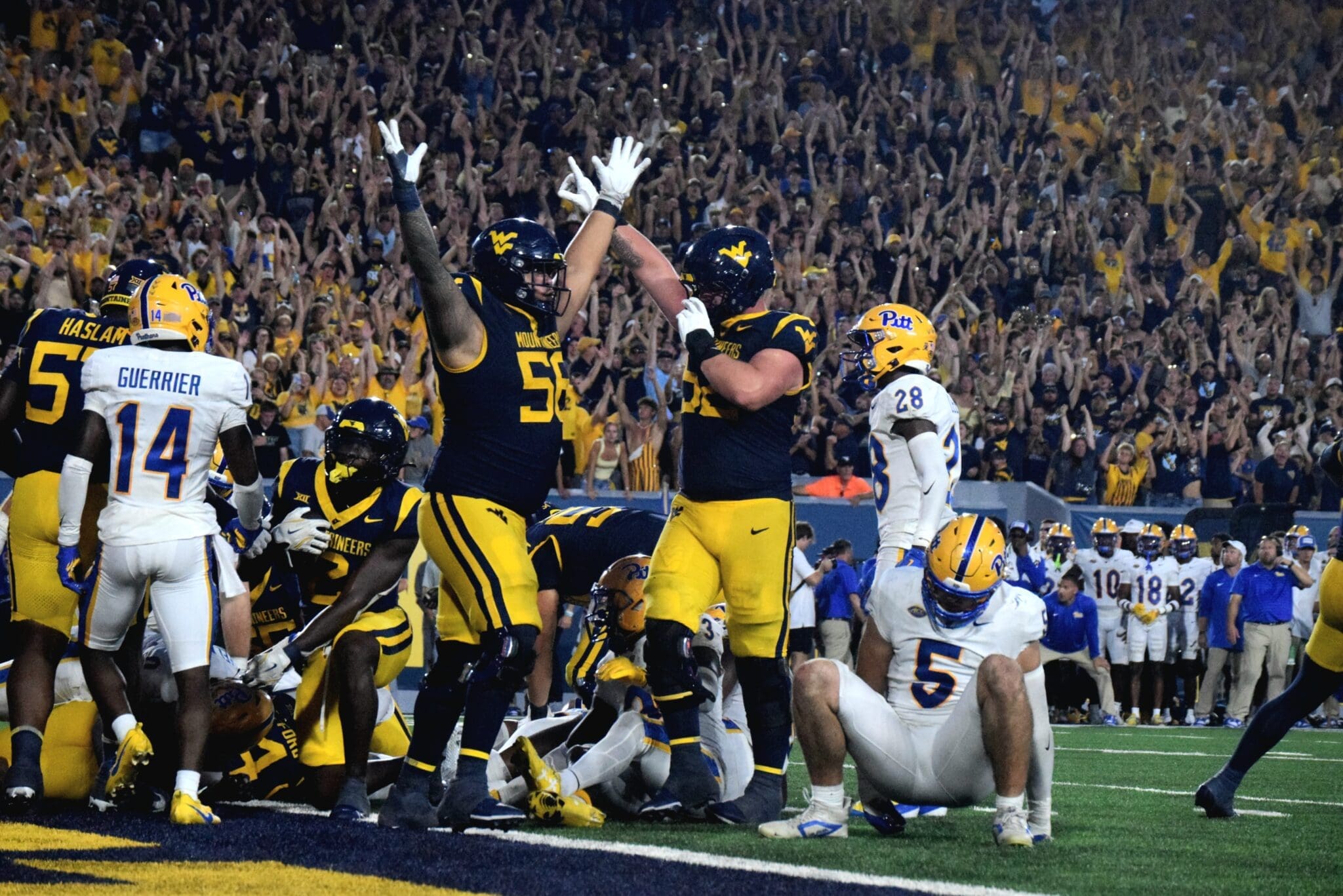 WVU Football celebrates during Backyard Brawl against Pitt