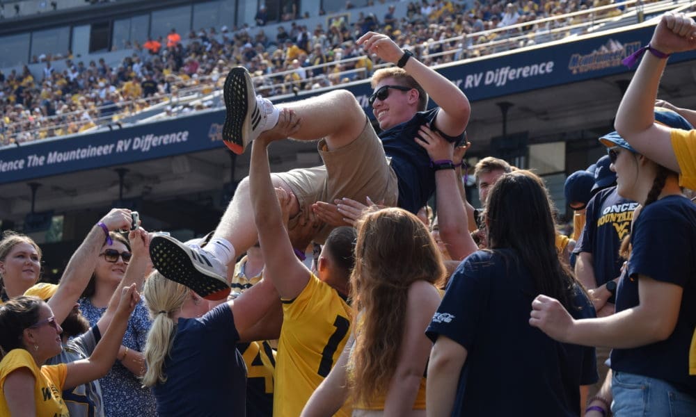 WVU football fans celebrate touchdown