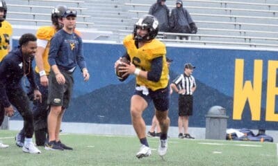 WVU Football Garrett Greene and QB coach Tyler Allen