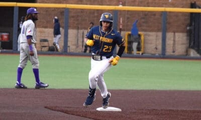 WVU Baseball infielder Ellis Garcia rounds second base after his homer scored 3-runs Saturday night against TCU. WVSN photo/Kelsie LeRose