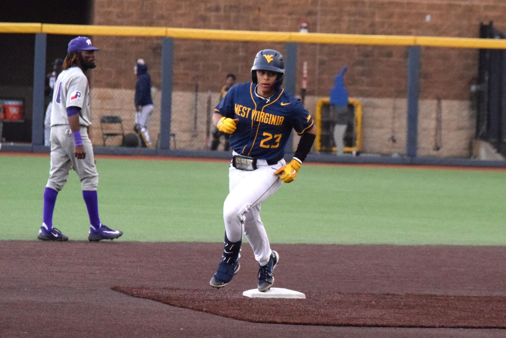 WVU Baseball infielder Ellis Garcia rounds second base after his homer scored 3-runs Saturday night against TCU. WVSN photo/Kelsie LeRose