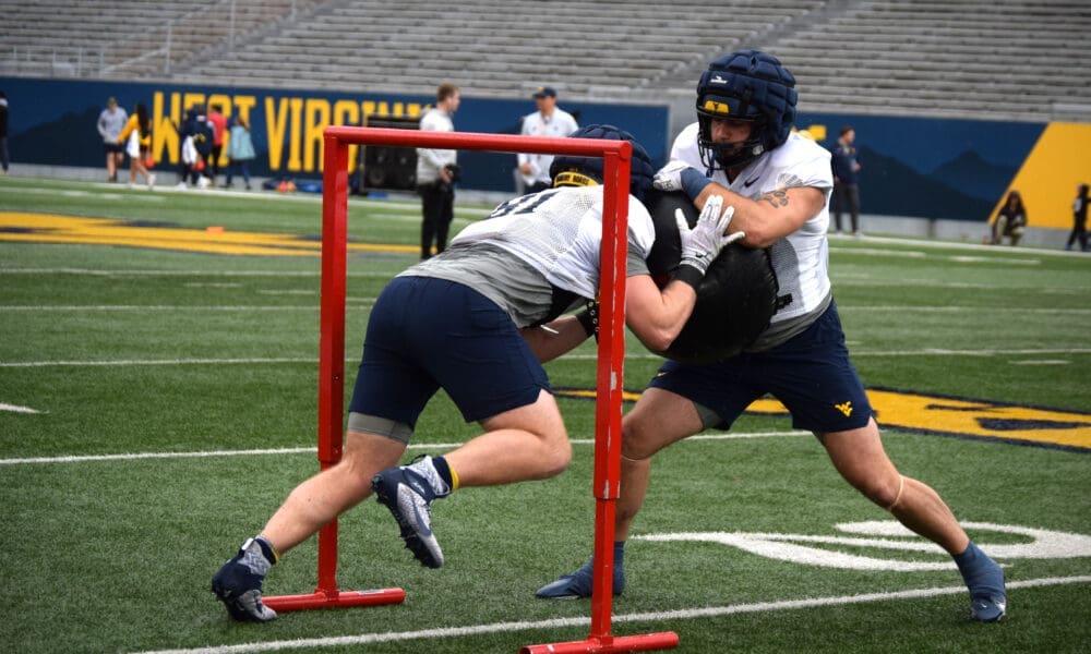 WVU football tight ends at practice