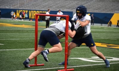 WVU football tight ends at practice