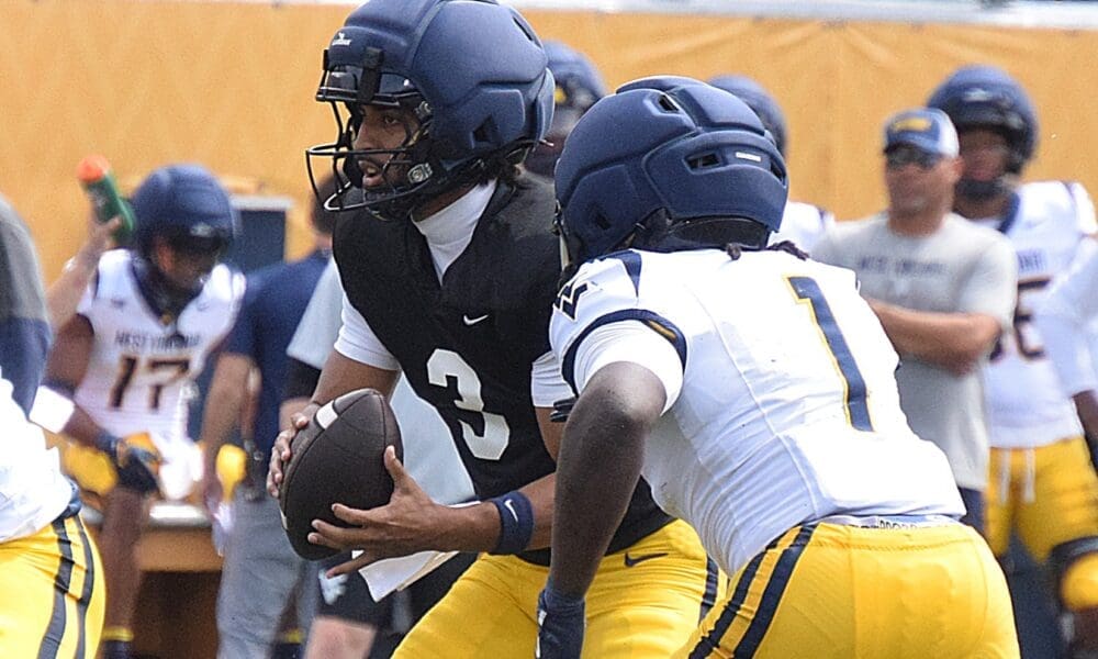 WVU Football QB Michael Hawkins Jr. and RB Amari Latimer during scrimmage
