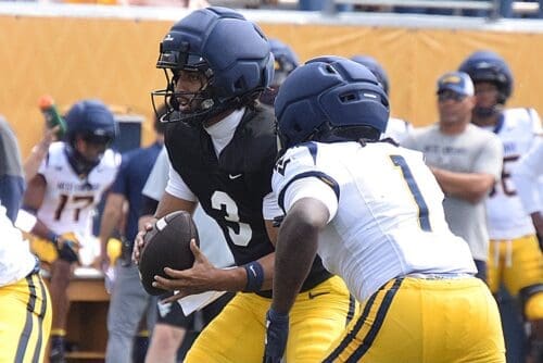 WVU Football QB Michael Hawkins Jr. and RB Amari Latimer during scrimmage