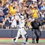 WVU Baseball celebrates after home run during Super Regional