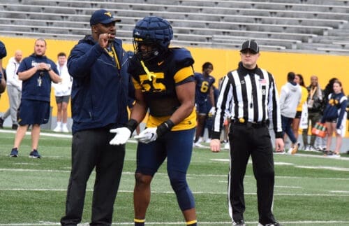 WVU Football DL Davoan Hawkins and Coach Andrew Jackson