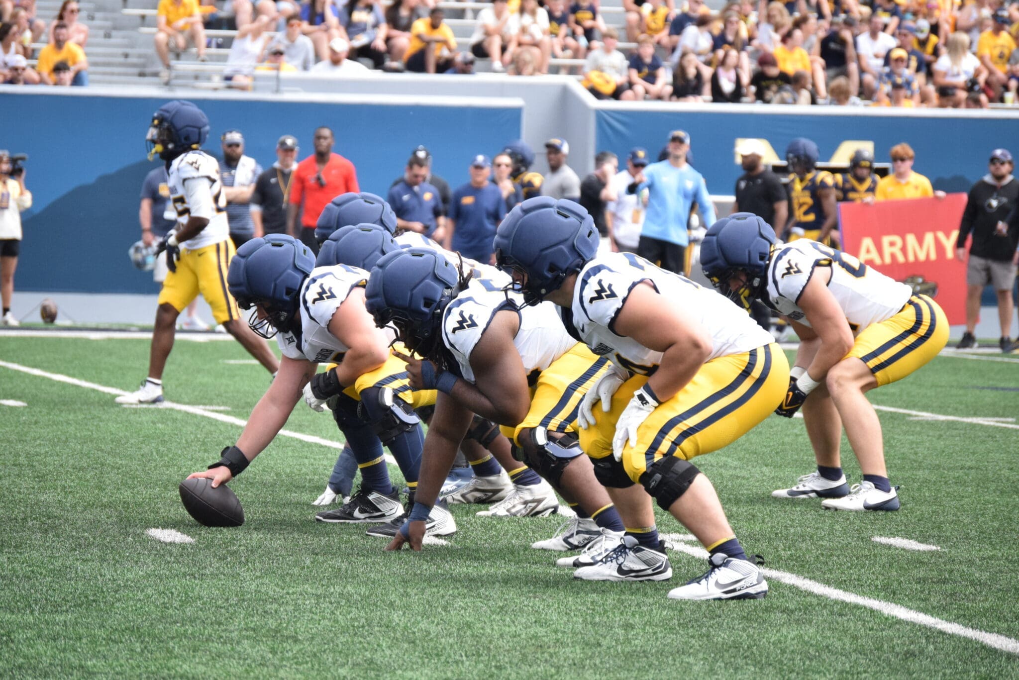 WVU Football Offensive Line line of scrimmage during Gold-Blue scrimmage