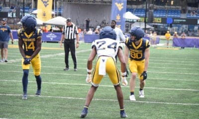 WVU Football WR John Neider lining up in front of the end zone during a scrimmage