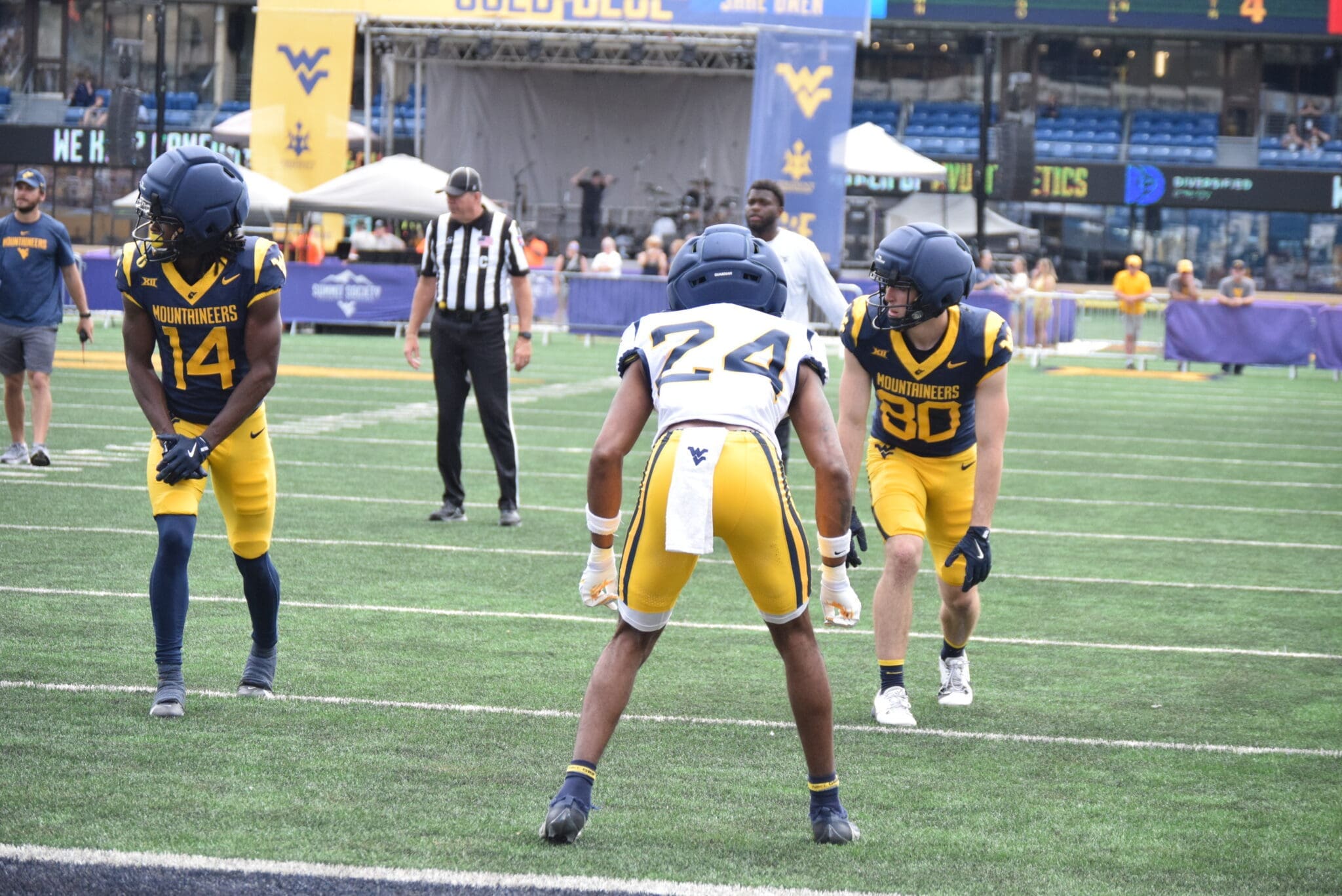 WVU Football WR John Neider lining up in front of the end zone during a scrimmage