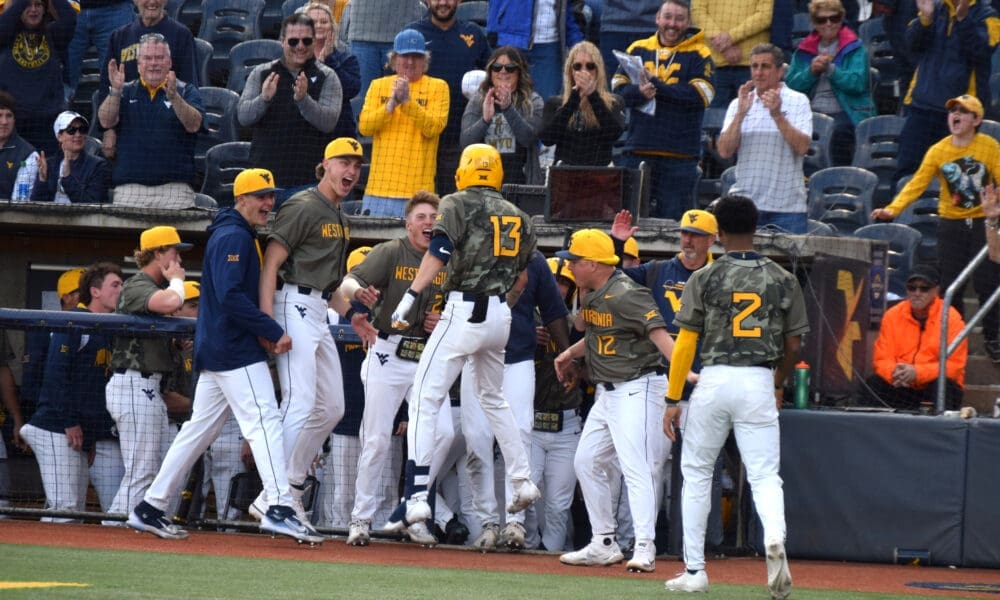 WVU baseball's Braden Barry celebrates with teammates