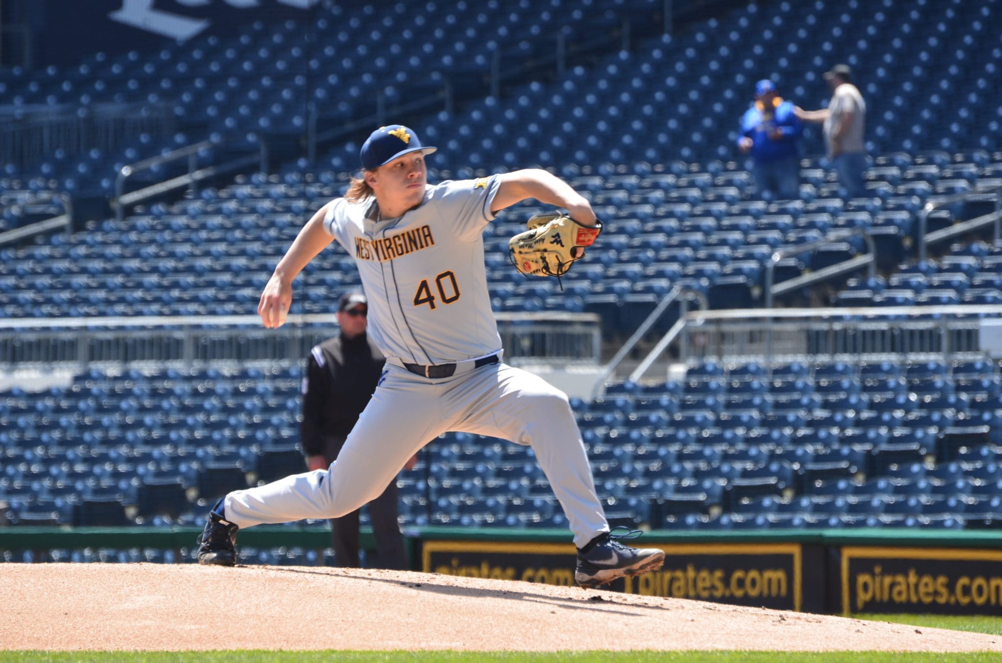 WVU Baseball pitcher Aidan Major delivers a pitch.