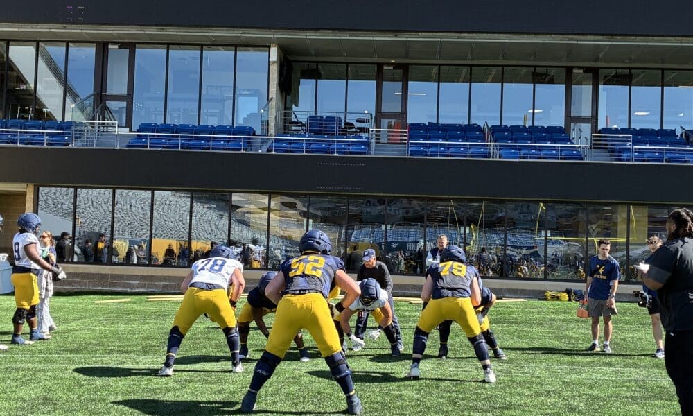 WVU Football Offensive Lineman including Wes King during spring practice