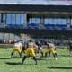 WVU Football Offensive Lineman including Wes King during spring practice