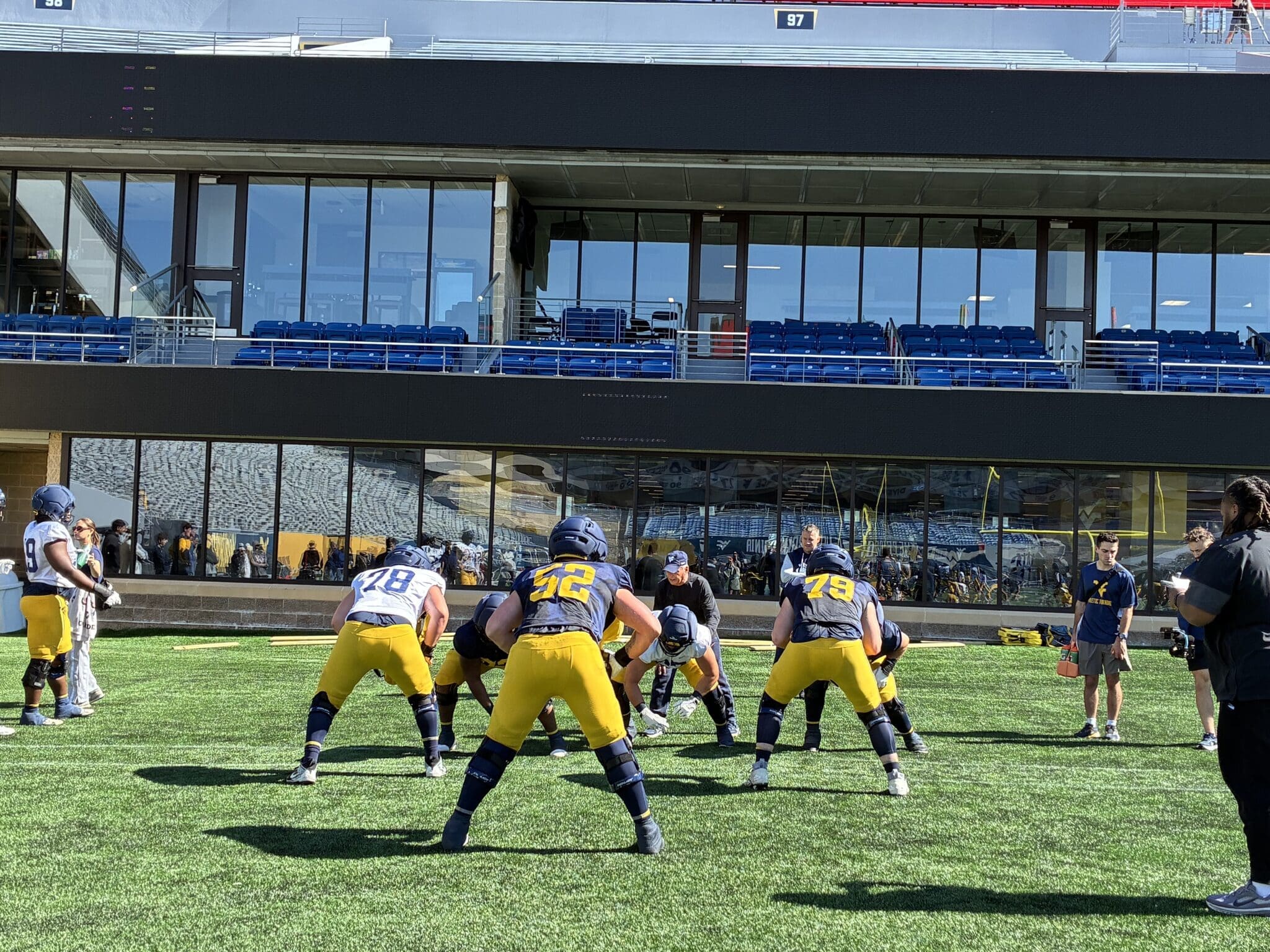 WVU Football Offensive Lineman including Wes King during spring practice