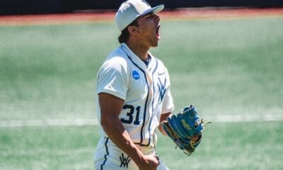 WVU Baseball Right-handed pitcher Dawson Montesa celebrates. Image courtesy of WVU Athletics.