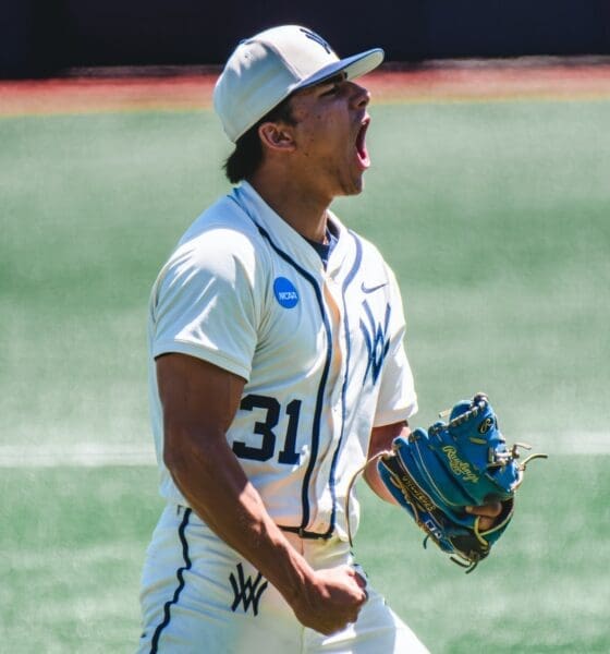 WVU Baseball Right-handed pitcher Dawson Montesa celebrates. Image courtesy of WVU Athletics.