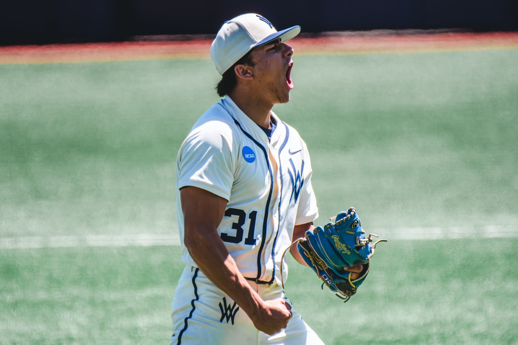 WVU Baseball Right-handed pitcher Dawson Montesa celebrates. Image courtesy of WVU Athletics.