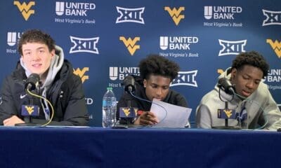 WVU Basketball Treysen Eaglestaff, Honor Huff and Brenen Lorient
