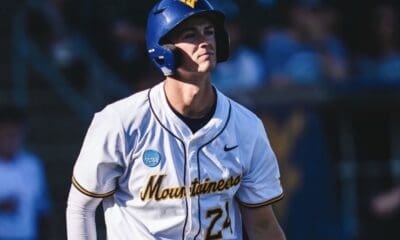 WVU Baseball outfielder Ben Lumsden reacts after slugging his first home run of the season in the Mountaineers' NCAA Tournament win over Binghamton. Image courtesy of WVU Baseball's Instagram account.