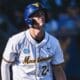 WVU Baseball outfielder Ben Lumsden reacts after slugging his first home run of the season in the Mountaineers' NCAA Tournament win over Binghamton. Image courtesy of WVU Baseball's Instagram account.