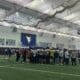 WVU Football spring practice at indoor facility stock