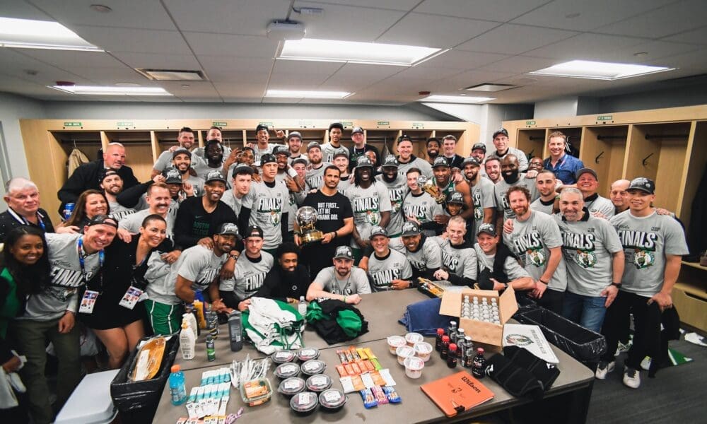 Joe Mazzulla and Celtics with East trophy