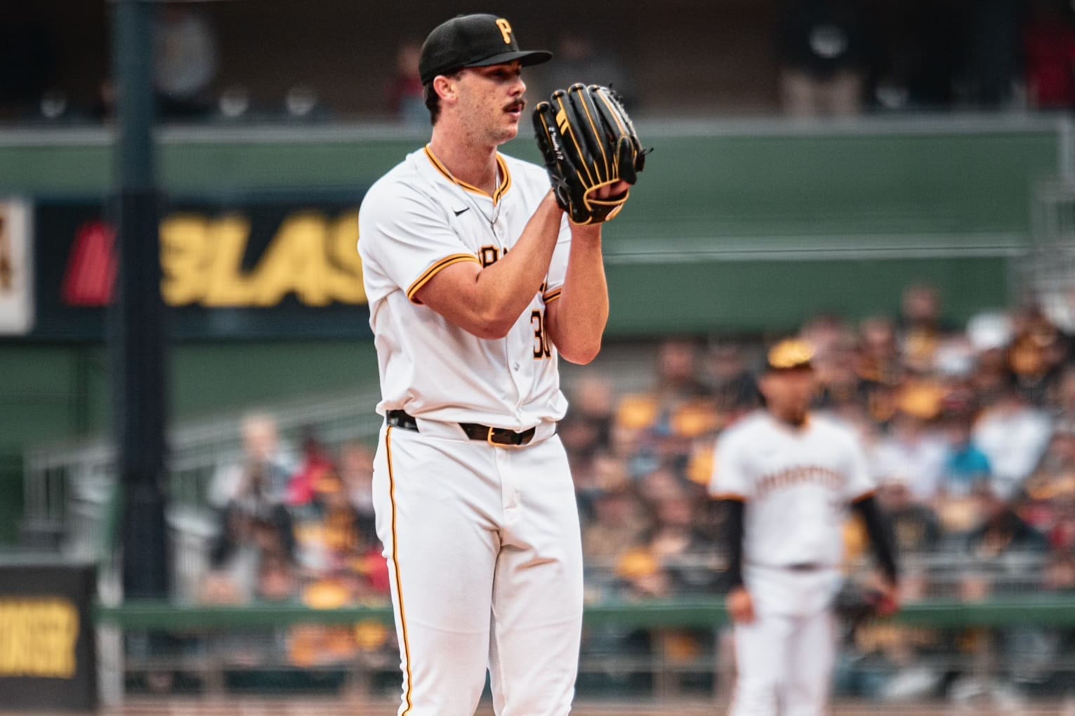 Pirates pitcher Paul Skenes warmed up Country Roads