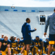Joe Mazzulla talking to WVU football team